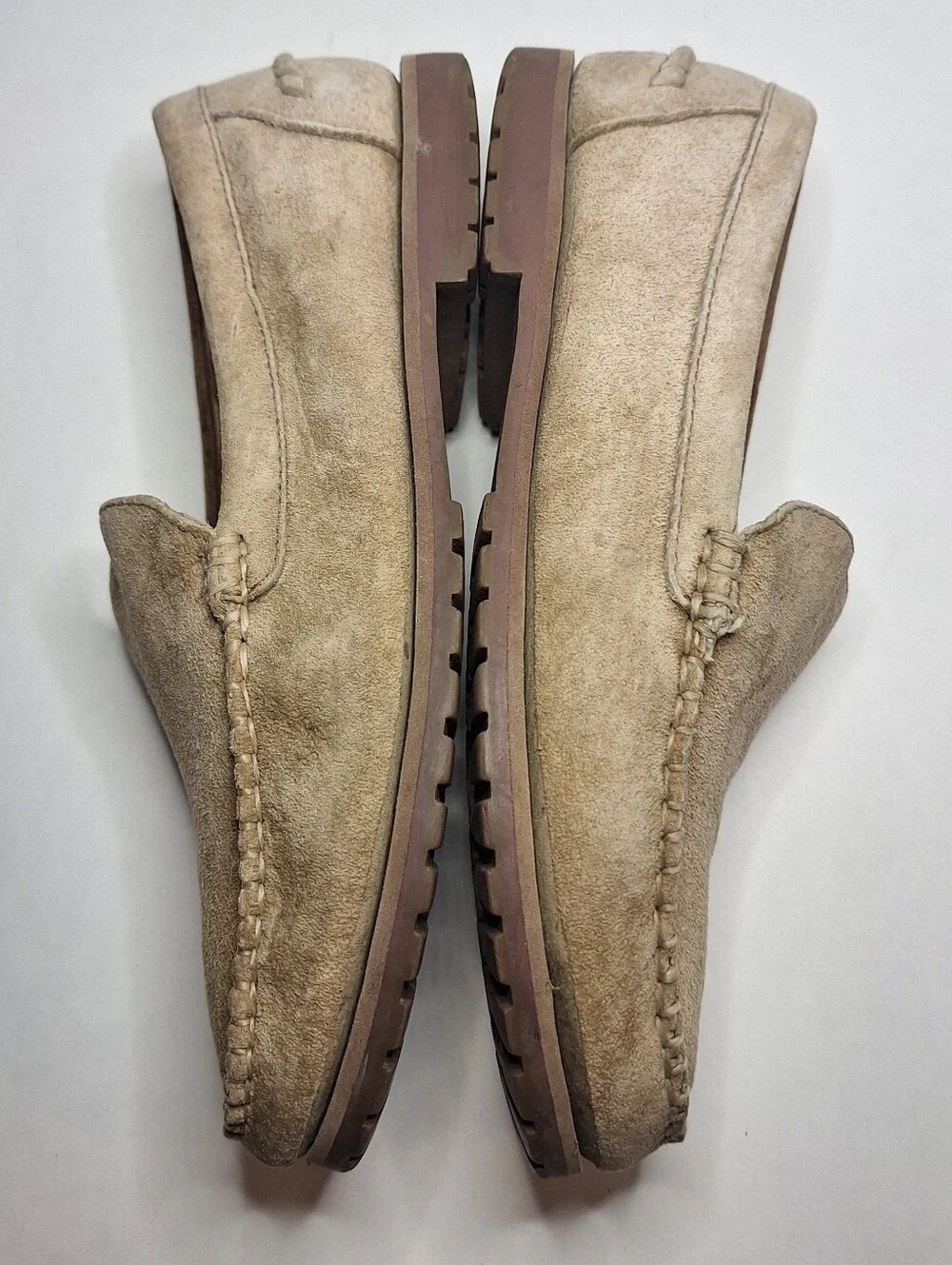 Vintage Eddie Bauer Wmns 7.5W Sand Suede Leather Driving Loafers Slip On Comfort